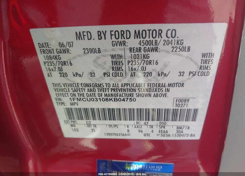 2008 FORD ESCAPE VIN: 1FMCU03108KB04750