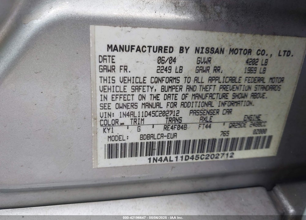 2005 NISSAN ALTIMA 2.5 S VIN: 1N4AL11D45C202712