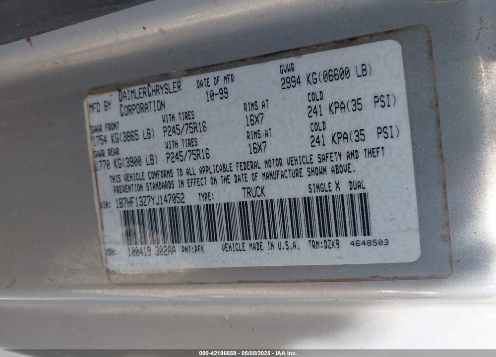 2000 DODGE RAM 1500 ST VIN: 1B7HF13Z7YJ147052