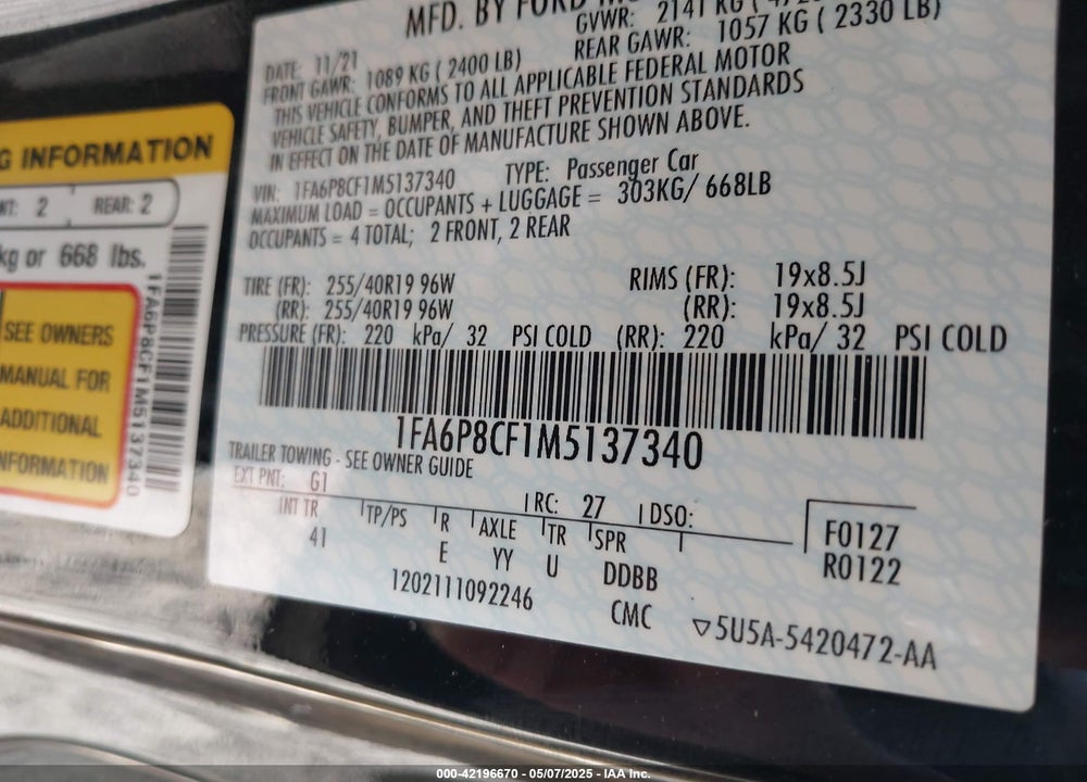 2021 FORD MUSTANG VIN: 1FA6P8CF1M5137340