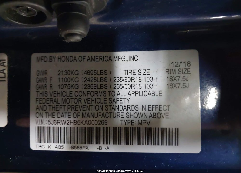2019 HONDA CR-V EX-L VIN: 5J6RW2H85KA000269