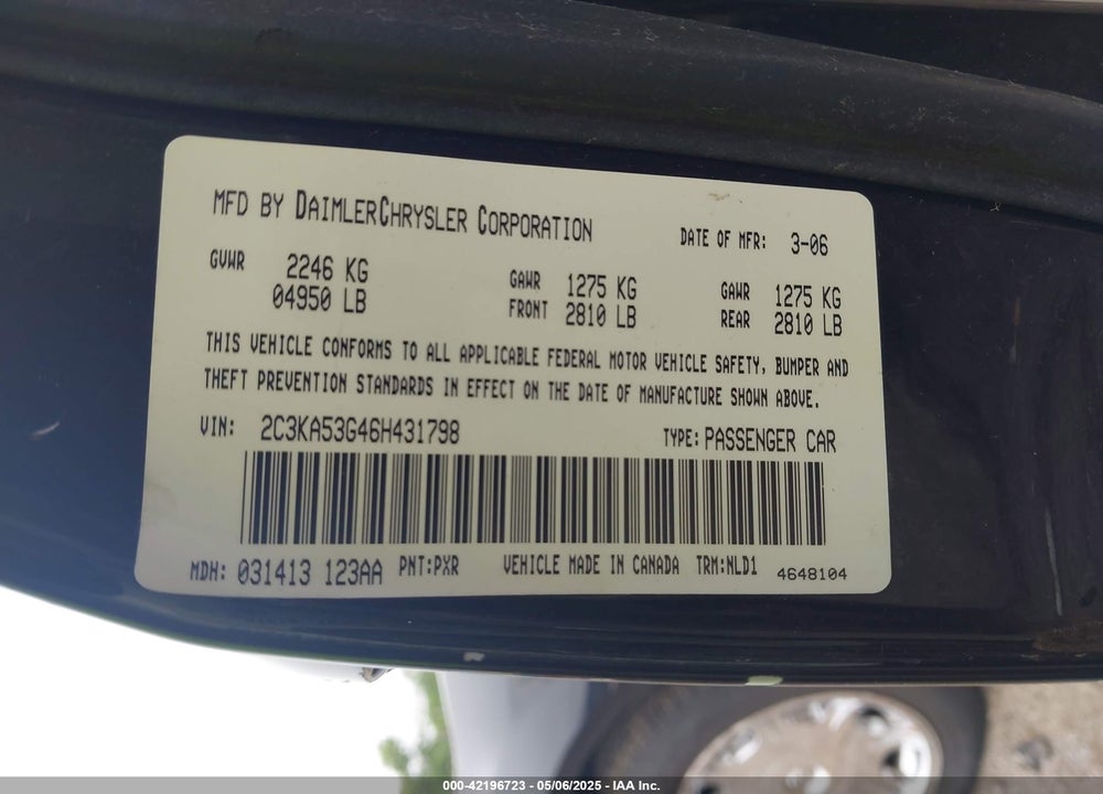 2006 CHRYSLER 300 TOURING VIN: 2C3KA53G46H431798