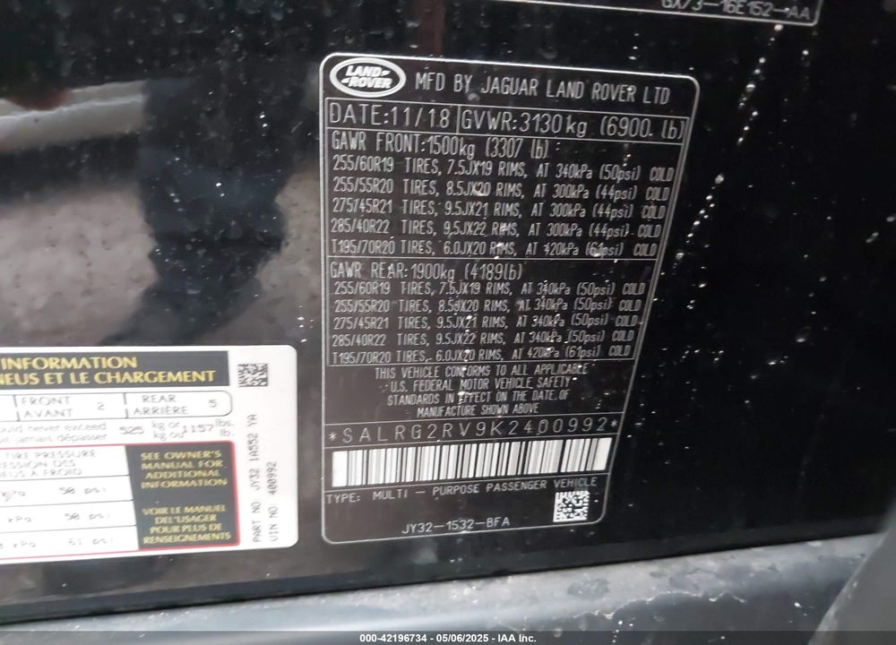 2019 LAND ROVER DISCOVERY SE VIN: SALRG2RV9K2400992