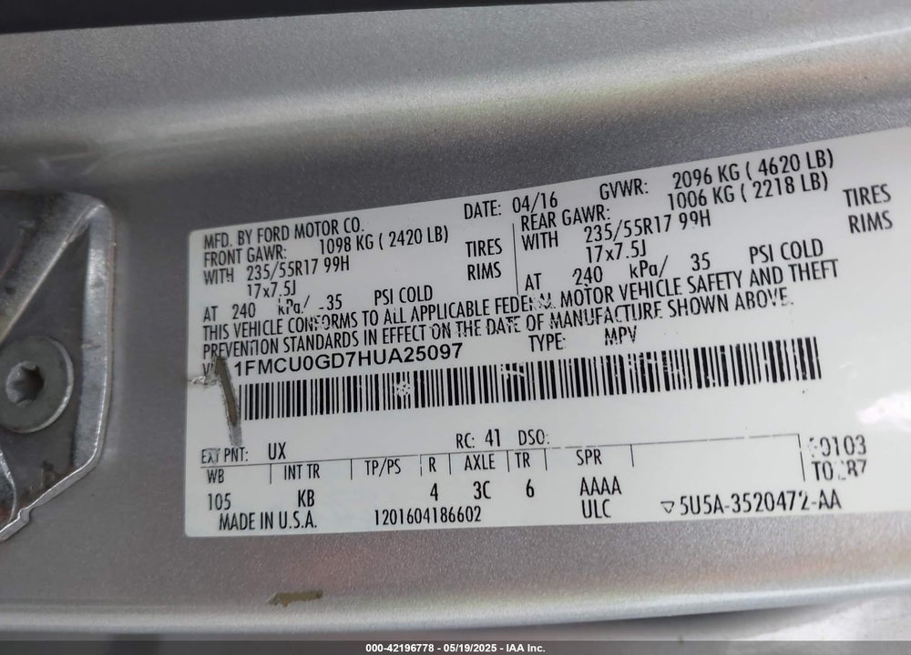 2017 FORD ESCAPE VIN: 1FMCU0GD7HUA25097