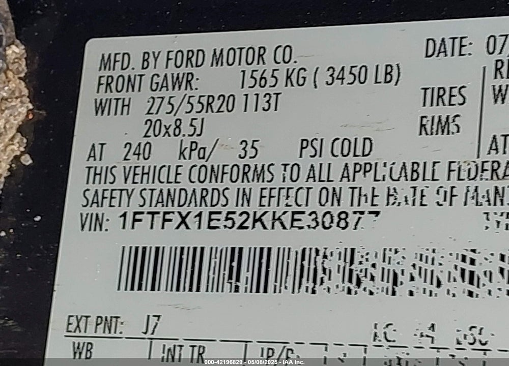 2019 FORD F-150 XL VIN: 1FTFX1E52KKE30877