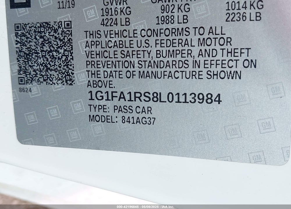 2020 CHEVROLET CAMARO VIN: 1G1FA1RS8L0113984