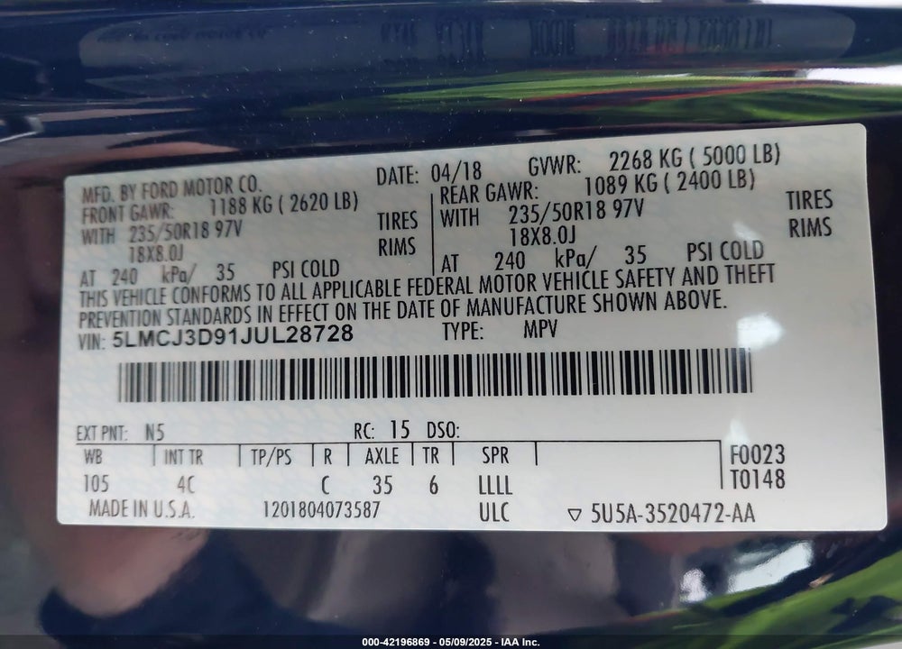 2018 LINCOLN MKC VIN: 5LMCJ3D91JUL28728