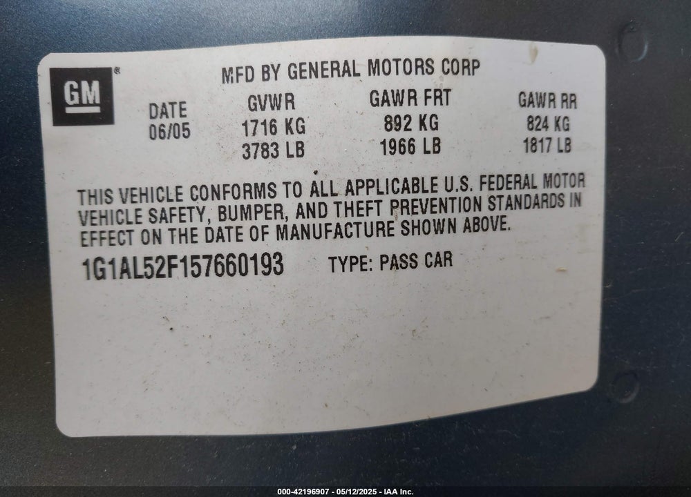 2005 CHEVROLET COBALT LS VIN: 1G1AL52F157660193