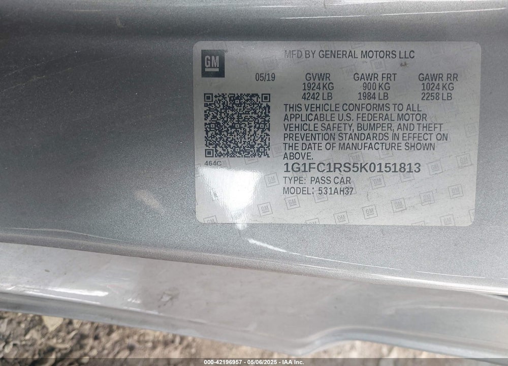 2019 CHEVROLET CAMARO VIN: 1G1FC1RS5K0151813