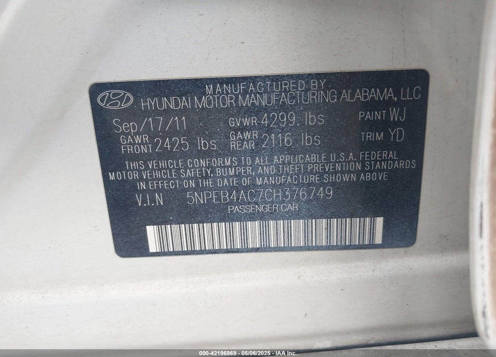 2012 HYUNDAI SONATA VIN: 5NPEB4AC7CH376749