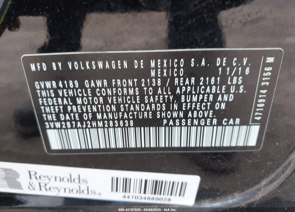 2017 VOLKSWAGEN JETTA 1.4T S VIN: 3VW2B7AJ2HM283638