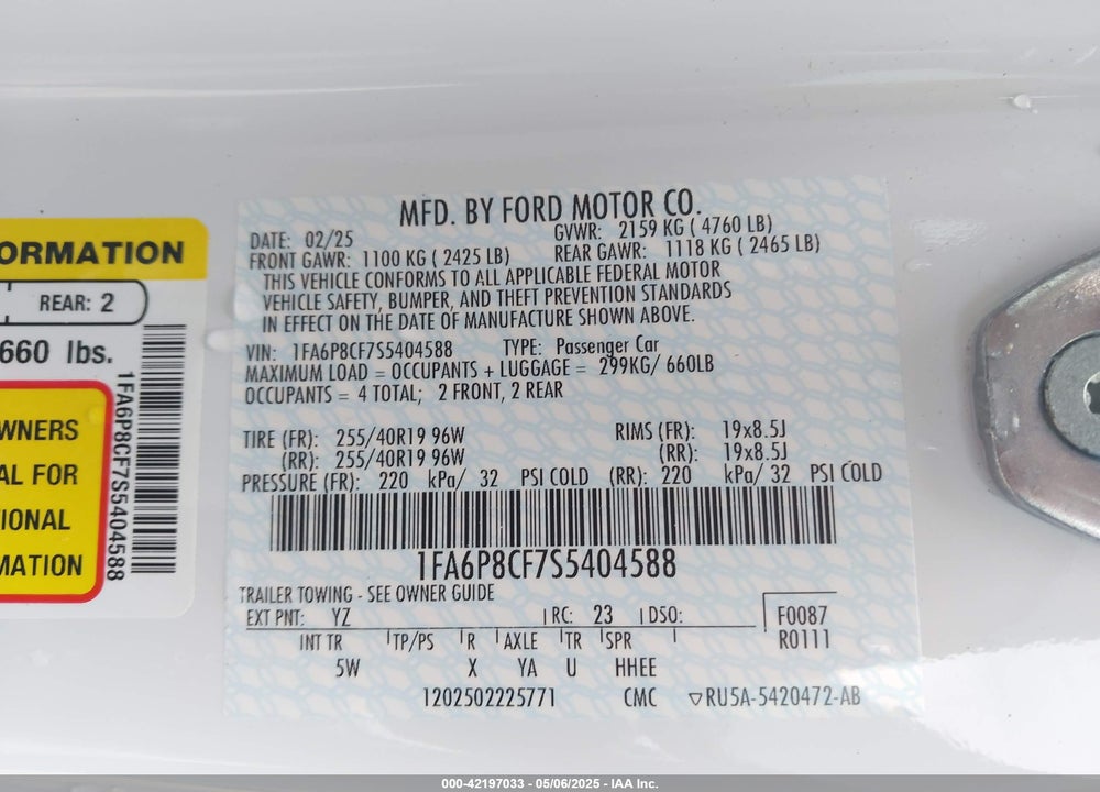 2025 FORD MUSTANG VIN: 1FA6P8CF7S5404588