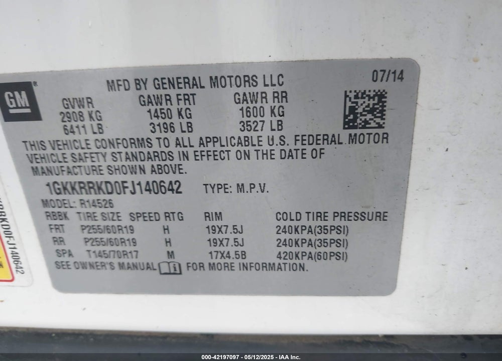 2015 GMC ACADIA SLT-1 VIN: 1GKKRRKD0FJ140642