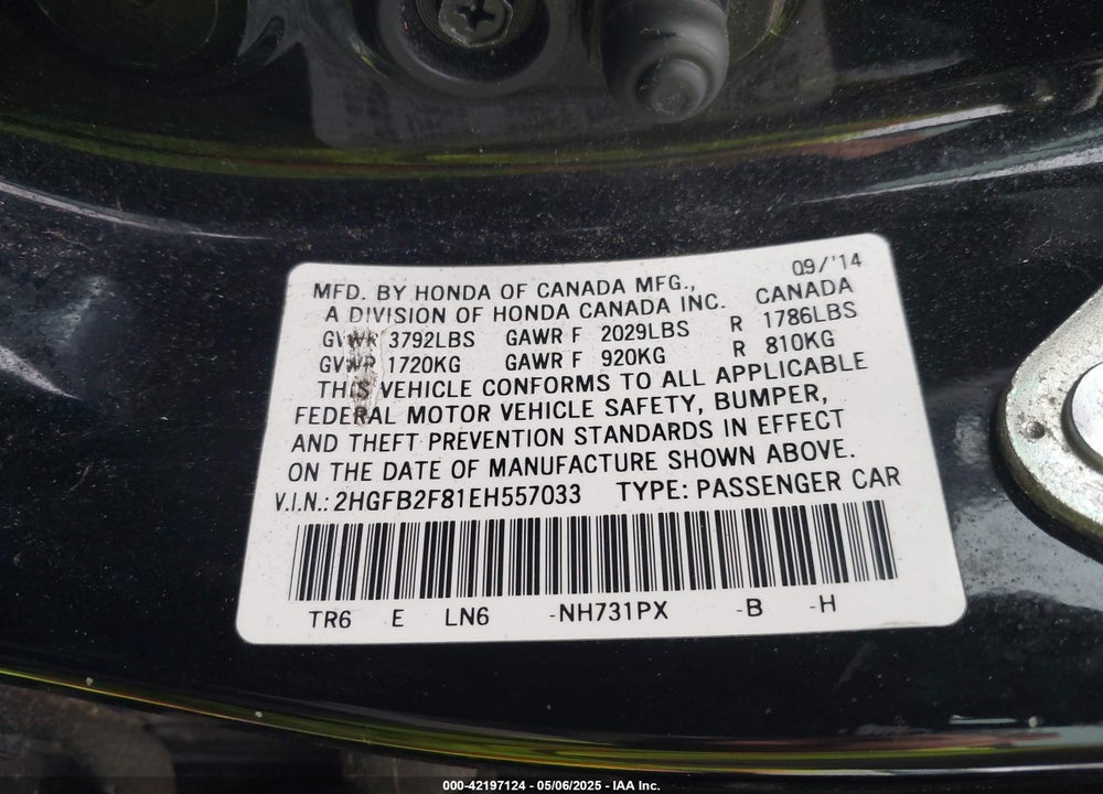 2014 HONDA CIVIC EX VIN: 2HGFB2F81EH557033