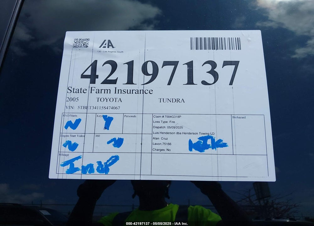 2005 TOYOTA TUNDRA SR5 V8 VIN: 5TBET34115S474067