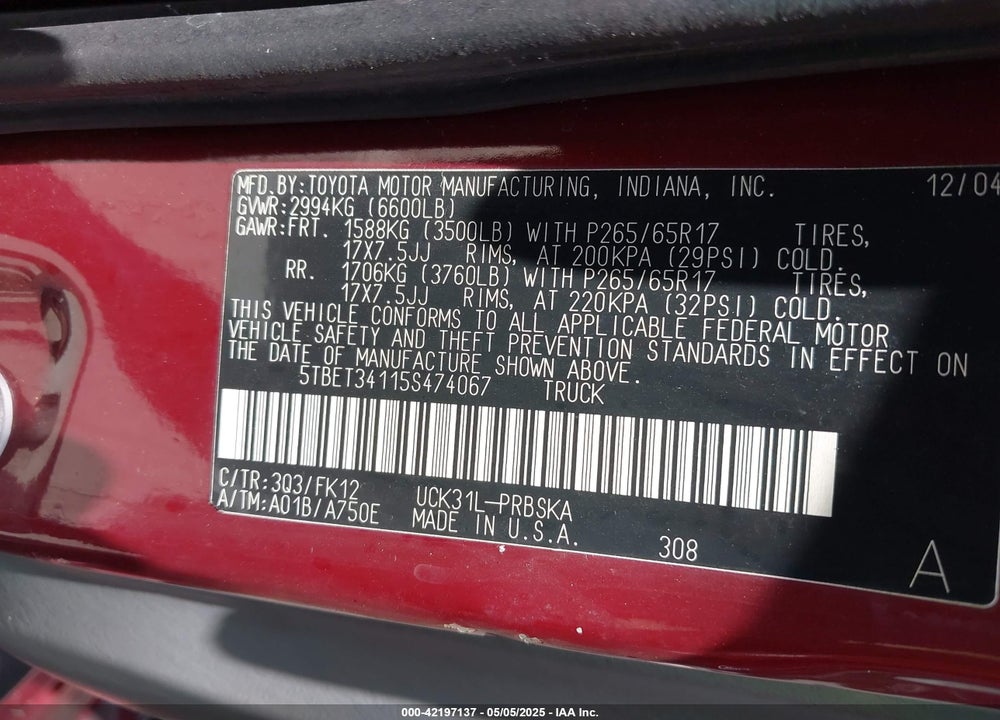 2005 TOYOTA TUNDRA SR5 V8 VIN: 5TBET34115S474067