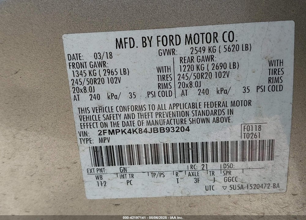 2018 FORD EDGE VIN: 2FMPK4K84JBB93204