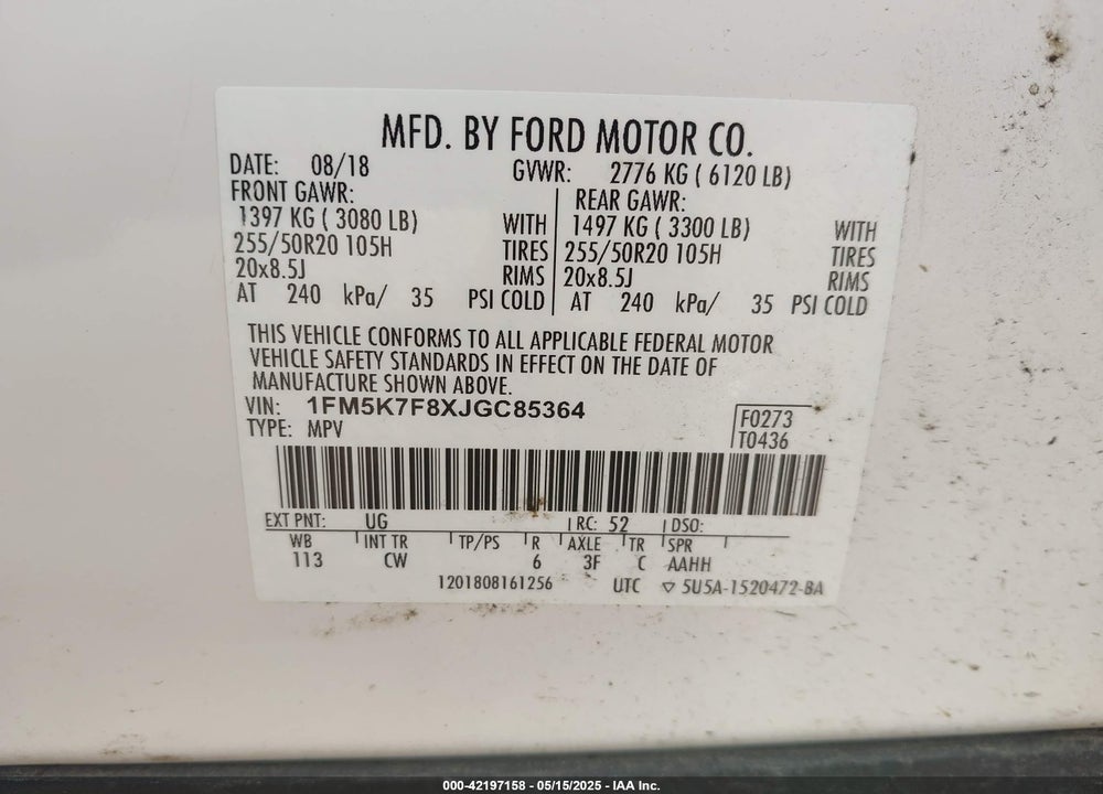 2018 FORD EXPLORER LIMITED VIN: 1FM5K7F8XJGC85364