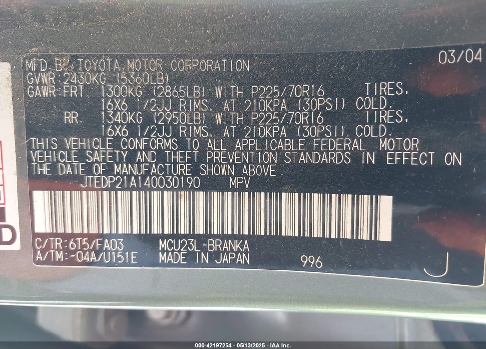 2004 TOYOTA HIGHLANDER V6 VIN: JTEDP21A140030190