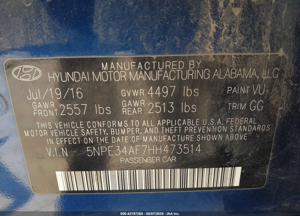 2017 HYUNDAI SONATA VIN: 5NPE34AF7HH473514