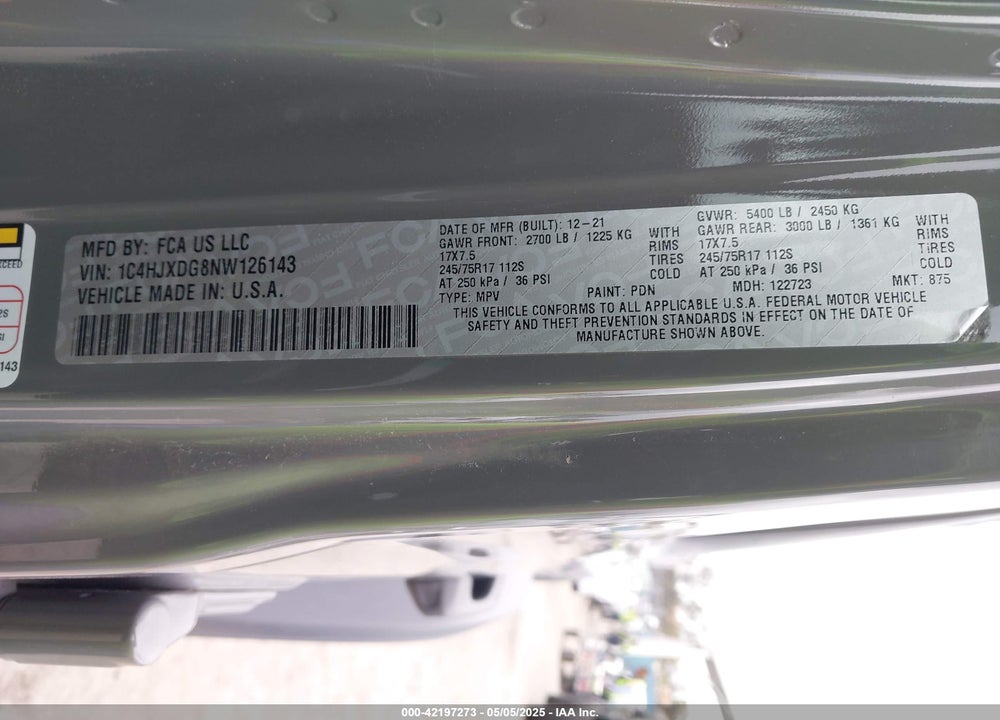 2022 JEEP WRANGLER UNLIMITED SPORT 4X4 VIN: 1C4HJXDG8NW126143