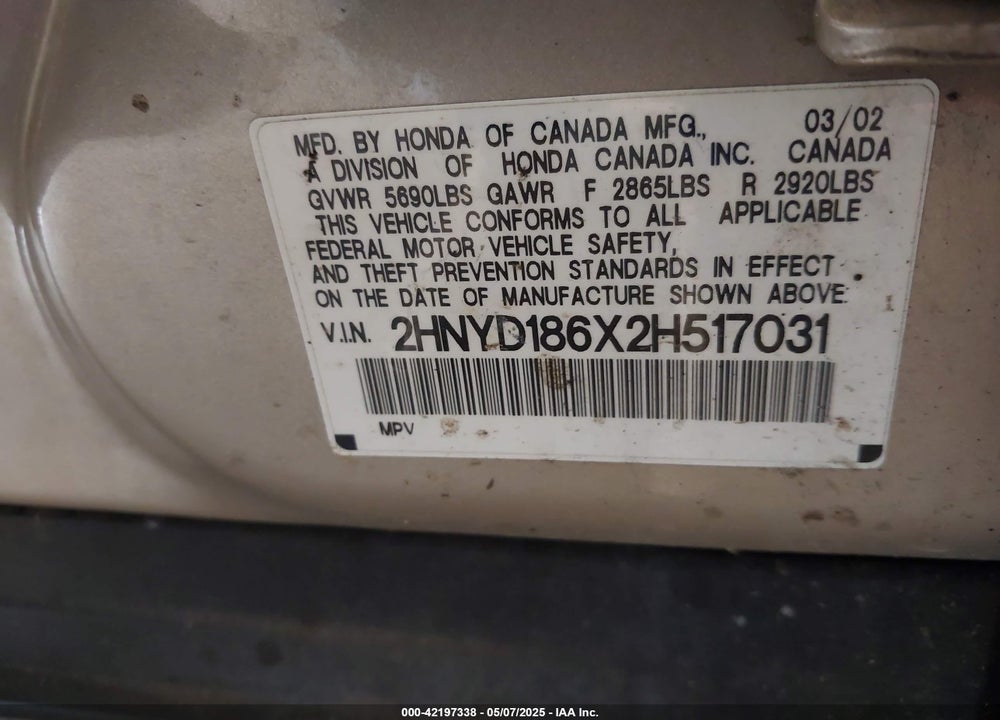 2002 ACURA MDX VIN: 2HNYD186X2H517031