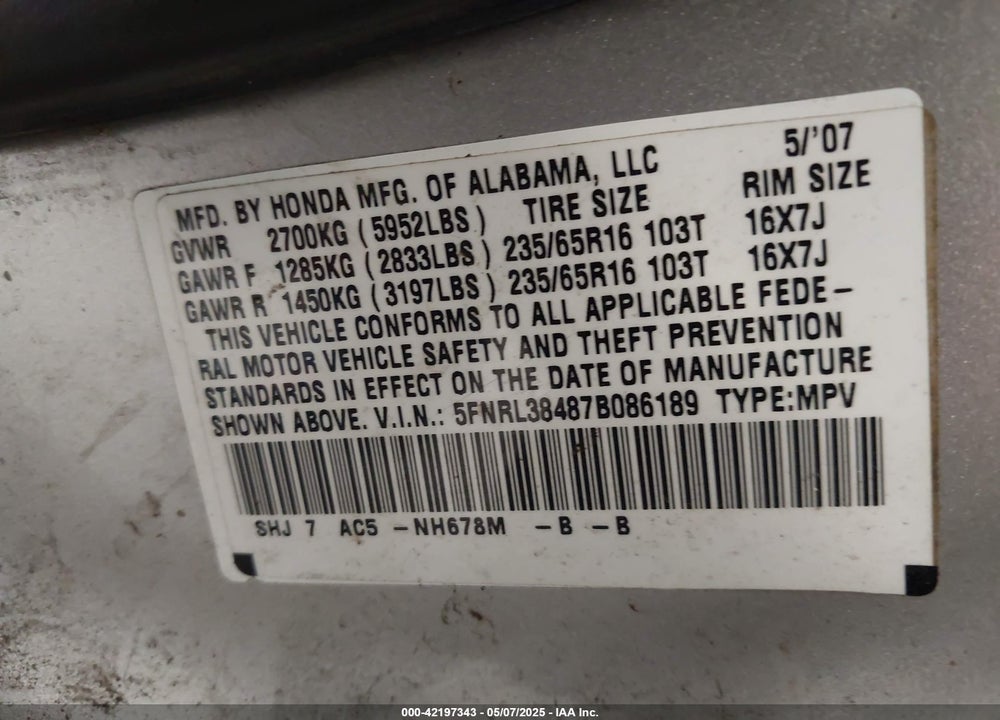 2007 HONDA ODYSSEY VIN: 5FNRL38487B086189