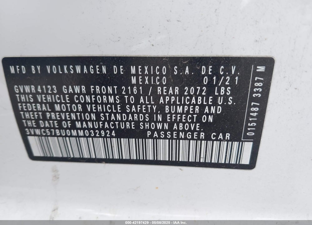 2021 VOLKSWAGEN JETTA 1.4T R-LINE/1.4T S/1.4T SE VIN: 3VWC57BU0MM032924