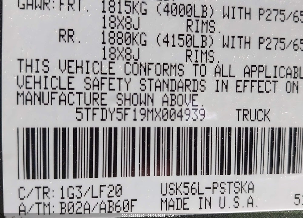 2021 TOYOTA TUNDRA TRD PRO VIN: 5TFDY5F19MX004939