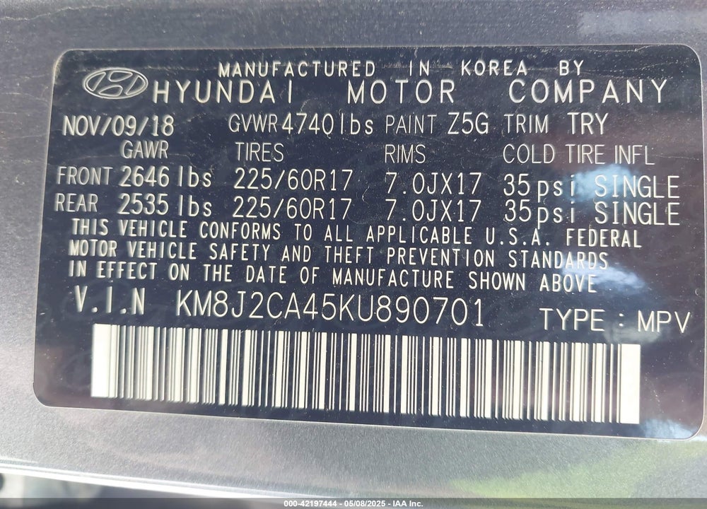 2019 HYUNDAI TUCSON SE VIN: KM8J2CA45KU890701