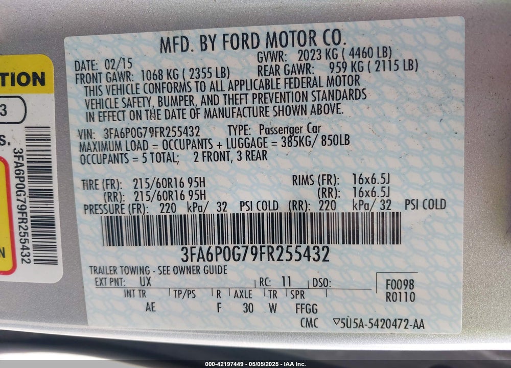 2015 FORD FUSION S VIN: 3FA6P0G79FR255432