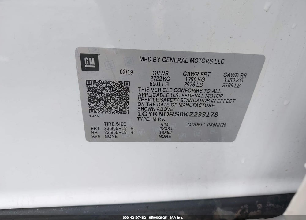2019 CADILLAC XT5 LUXURY VIN: 1GYKNDRS0KZ233178