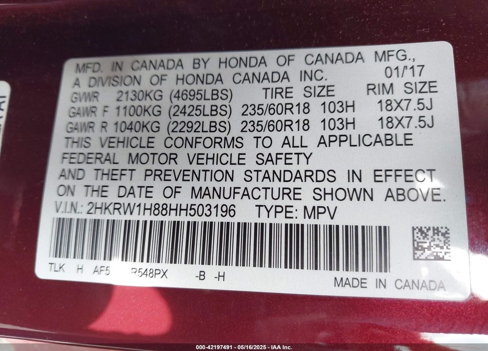 2017 HONDA CR-V EX-L/EX-L NAVI VIN: 2HKRW1H88HH503196