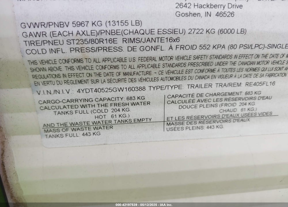 2016 KEYSTONE RIVER 405 FL VIN: 4YDT40525GW160388