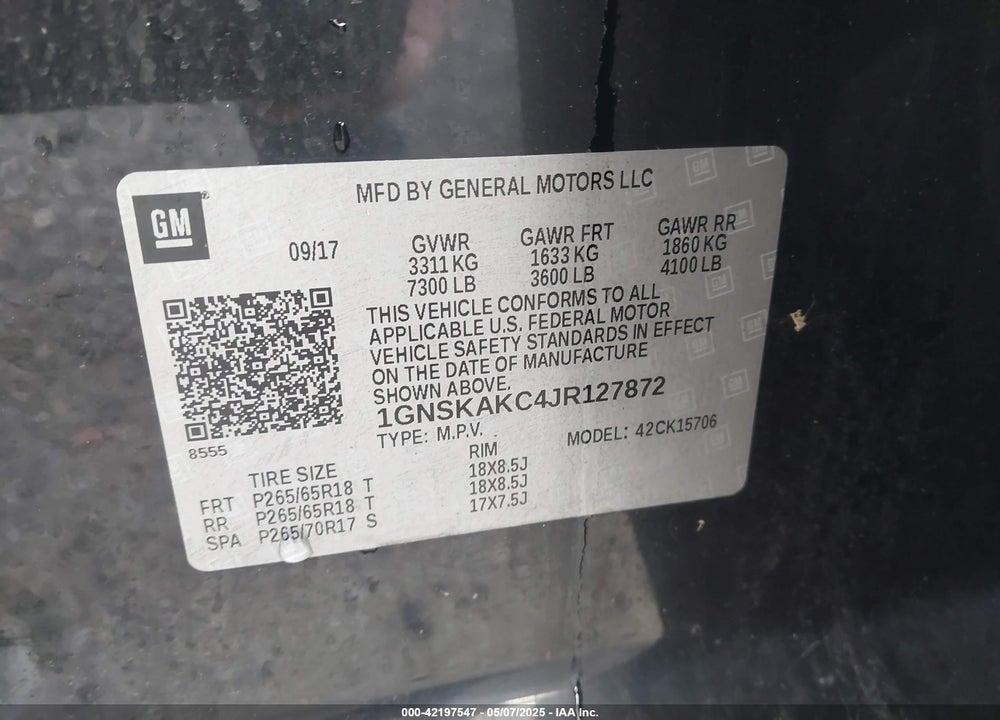 2018 CHEVROLET TAHOE VIN: 1GNSKAKC4JR127872