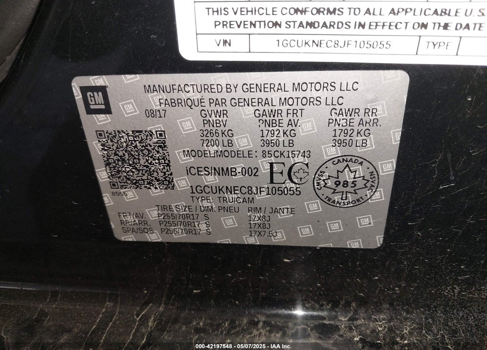 2018 CHEVROLET SILVERADO 1500 VIN: 1GCUKNEC8JF105055