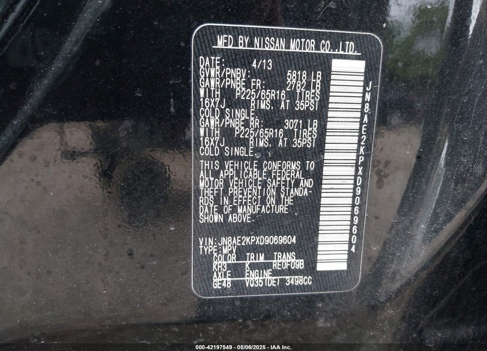 2013 NISSAN QUEST SV VIN: JN8AE2KPXD9069604