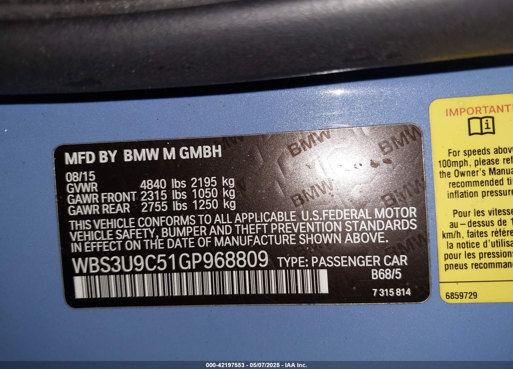 2016 BMW M4 VIN: WBS3U9C51GP968809
