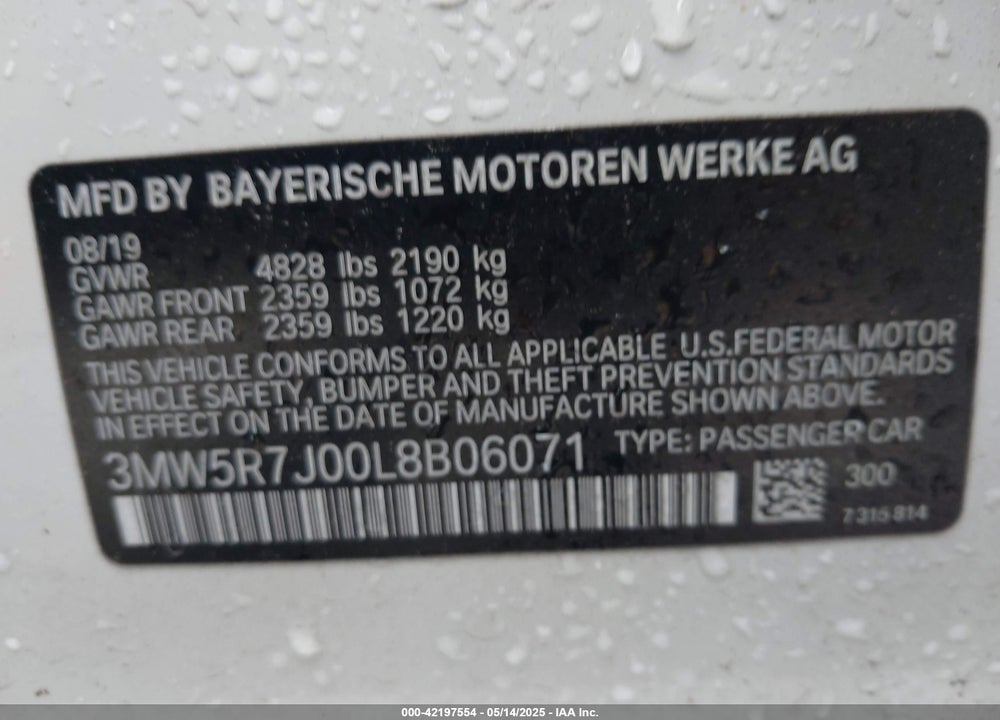 2020 BMW 3 SERIES VIN: 3MW5R7J00L8B06071