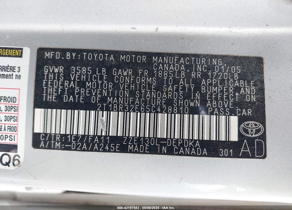 2005 TOYOTA COROLLA VIN: 2T1BR32E65C428810