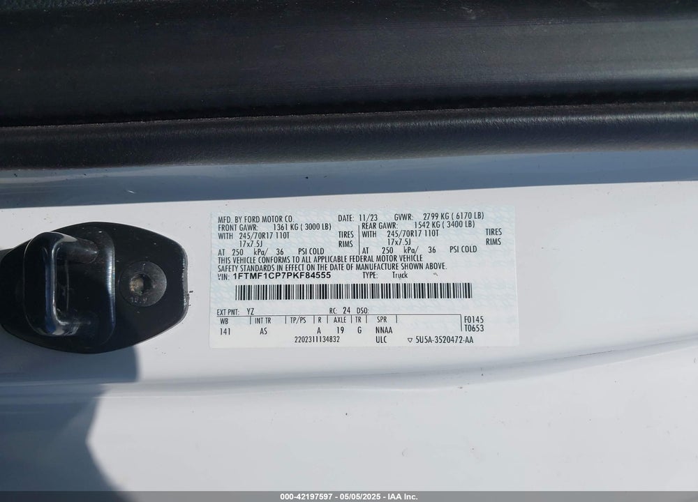 2023 FORD F-150 XL VIN: 1FTMF1CP7PKF84555