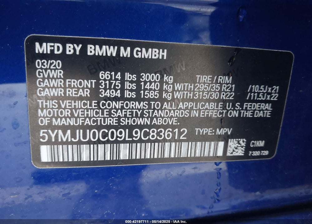 2020 BMW X5 M VIN: 5YMJU0C09L9C83612