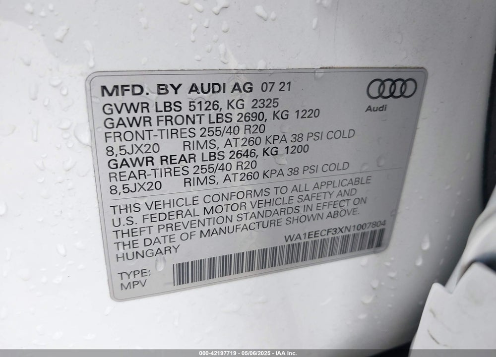 2022 AUDI Q3 VIN: WA1EECF3XN1007804