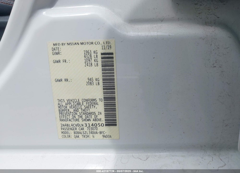 2020 NISSAN ALTIMA SR FWD VIN: 1N4BL4CV0LN314050