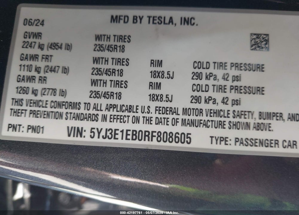 2024 TESLA MODEL 3 LONG RANGE DUAL MOTOR ALL-WHEEL DRIVE VIN: 5YJ3E1EB0RF808605