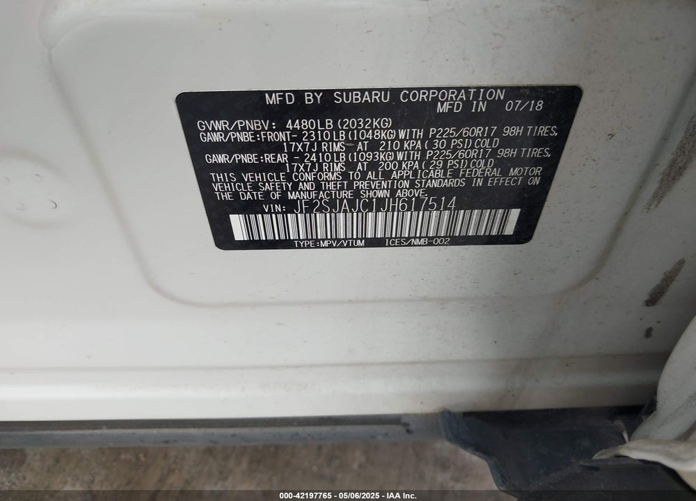 2018 SUBARU FORESTER VIN: JF2SJAJC1JH617514