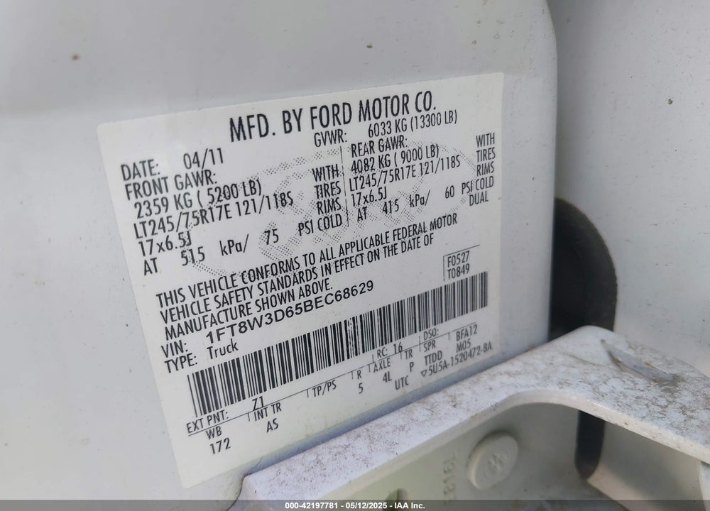 2011 FORD F-350 XL VIN: 1FT8W3D65BEC68629