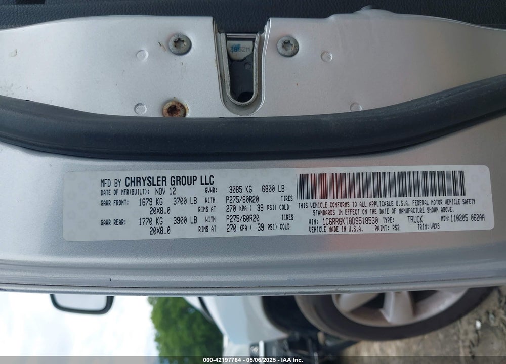 2013 RAM 1500 VIN: 1C6RR6KT8DS518530