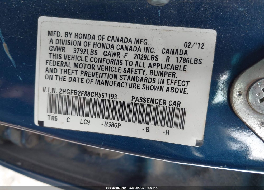 2012 HONDA CIVIC VIN: 2HGFB2F88CH551193