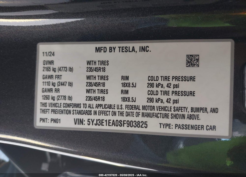2025 TESLA MODEL 3 VIN: 5YJ3E1EA0SF903825